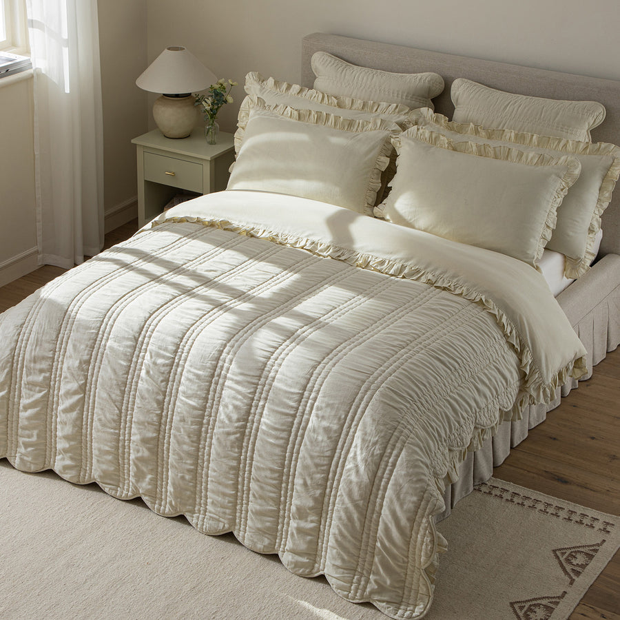Matilda Cream Scallop Quilted Linen Blend Bedspread