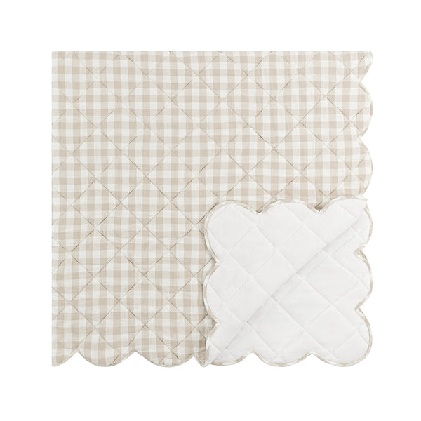 Matilda Beige Gingham Scallop Quilted Linen Blend Bedspread