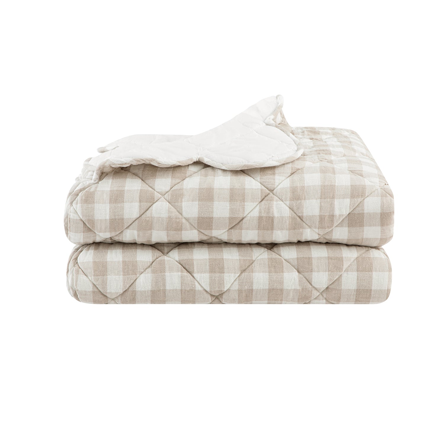Matilda Beige Gingham Scallop Quilted Linen Blend Bedspread