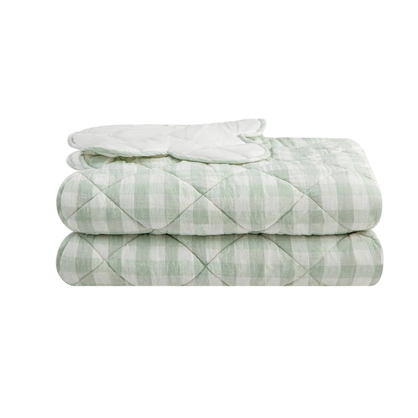 Matilda Sage Green Gingham Scallop Quilted Linen Blend Bedspread