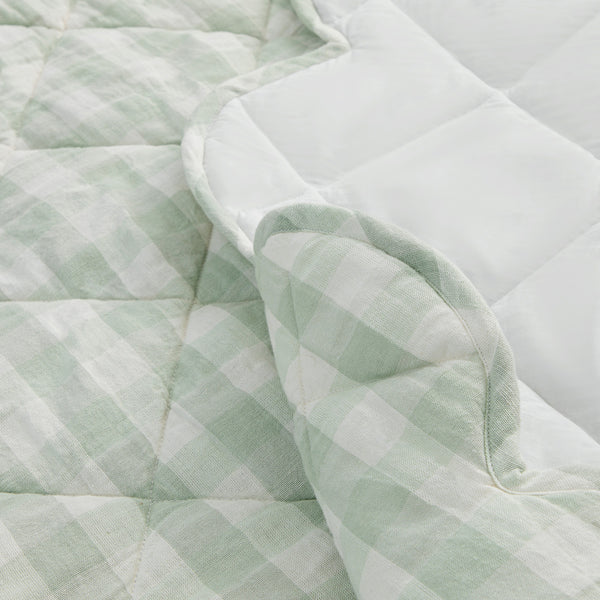 Matilda Sage Green Gingham Scallop Quilted Linen Blend Bedspread