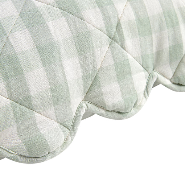 Matilda Sage Green Gingham Scallop Quilted Linen Blend Bedspread