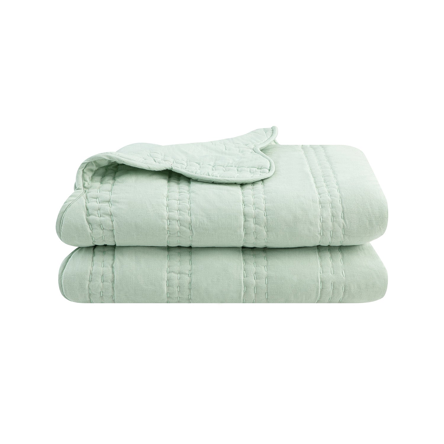Matilda Seafoam Green Scallop Quilted Linen Blend Bedspread