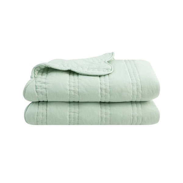 Matilda Seafoam Green Scallop Quilted Linen Blend Bedspread