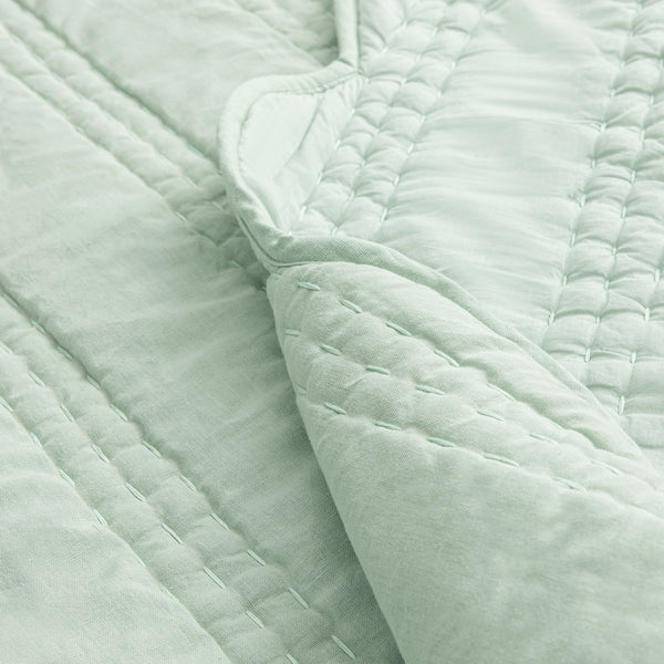 Matilda Seafoam Green Scallop Quilted Linen Blend Bedspread