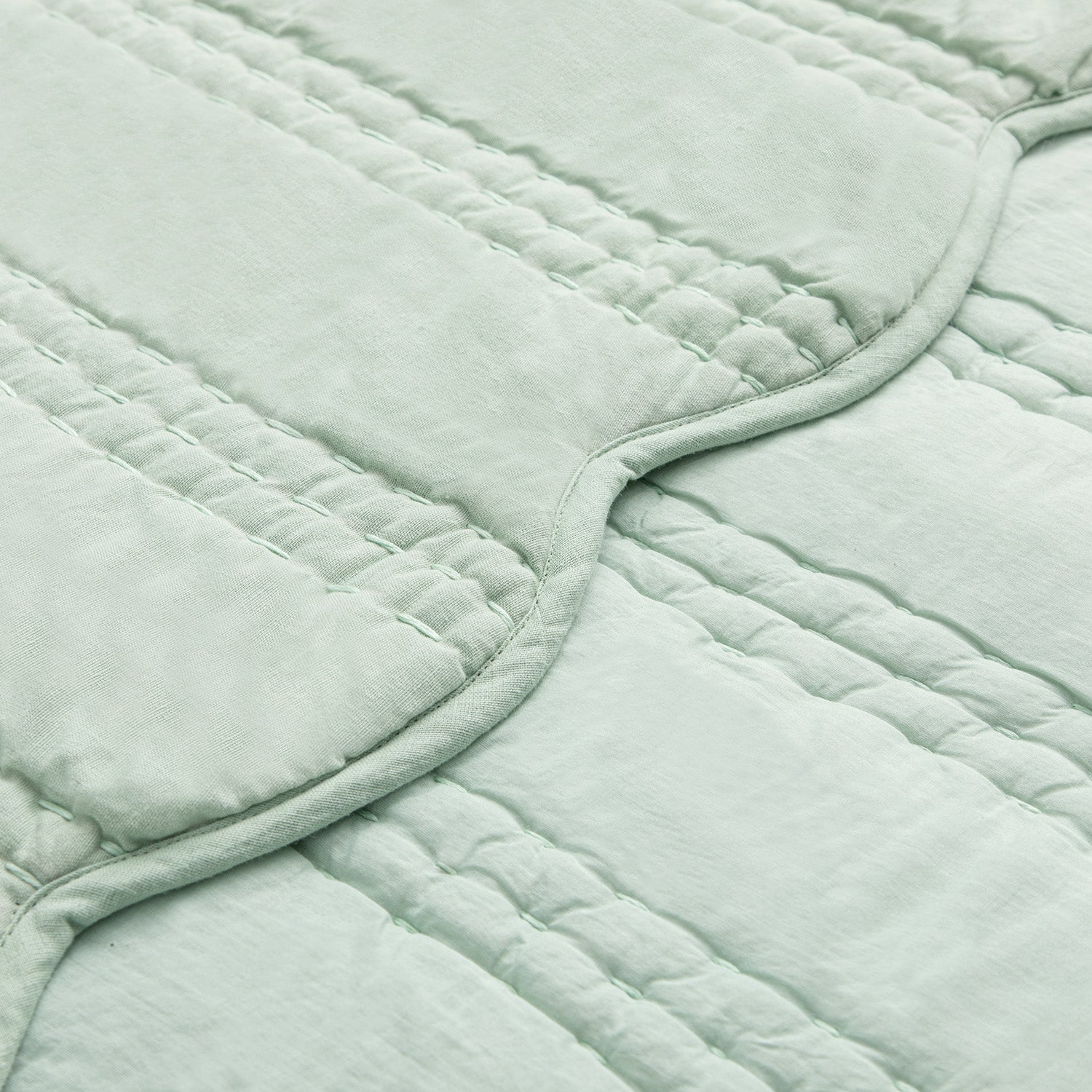 Matilda Seafoam Green Scallop Quilted Linen Blend Bedspread