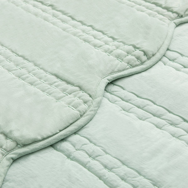 Matilda Seafoam Green Scallop Quilted Linen Blend Bedspread