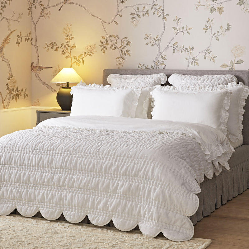 Matilda White Scallop Quilted Linen Blend Bedspread