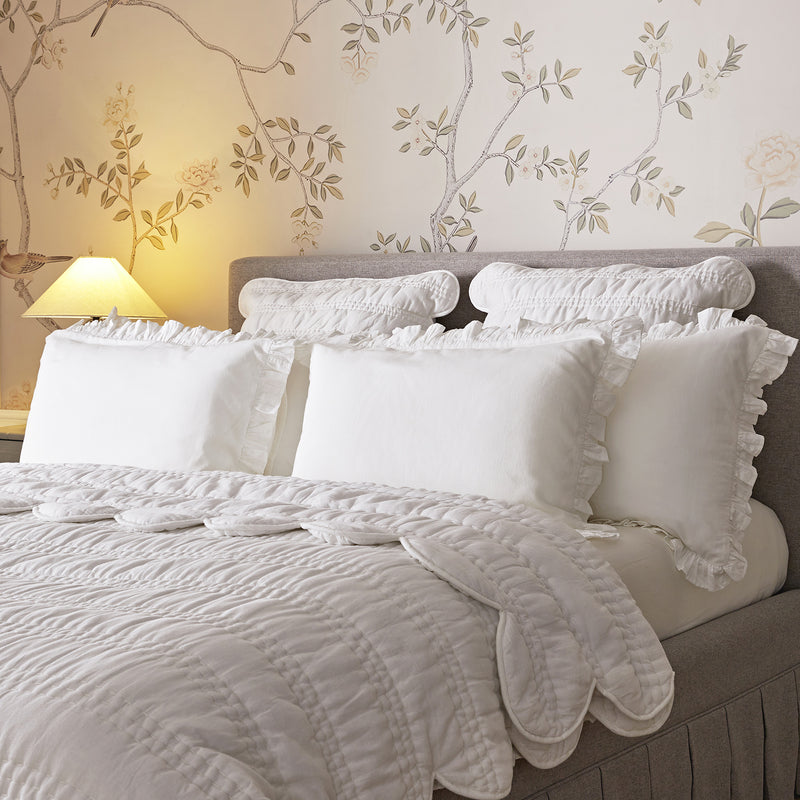 Matilda White Scallop Quilted Linen Blend Bedspread