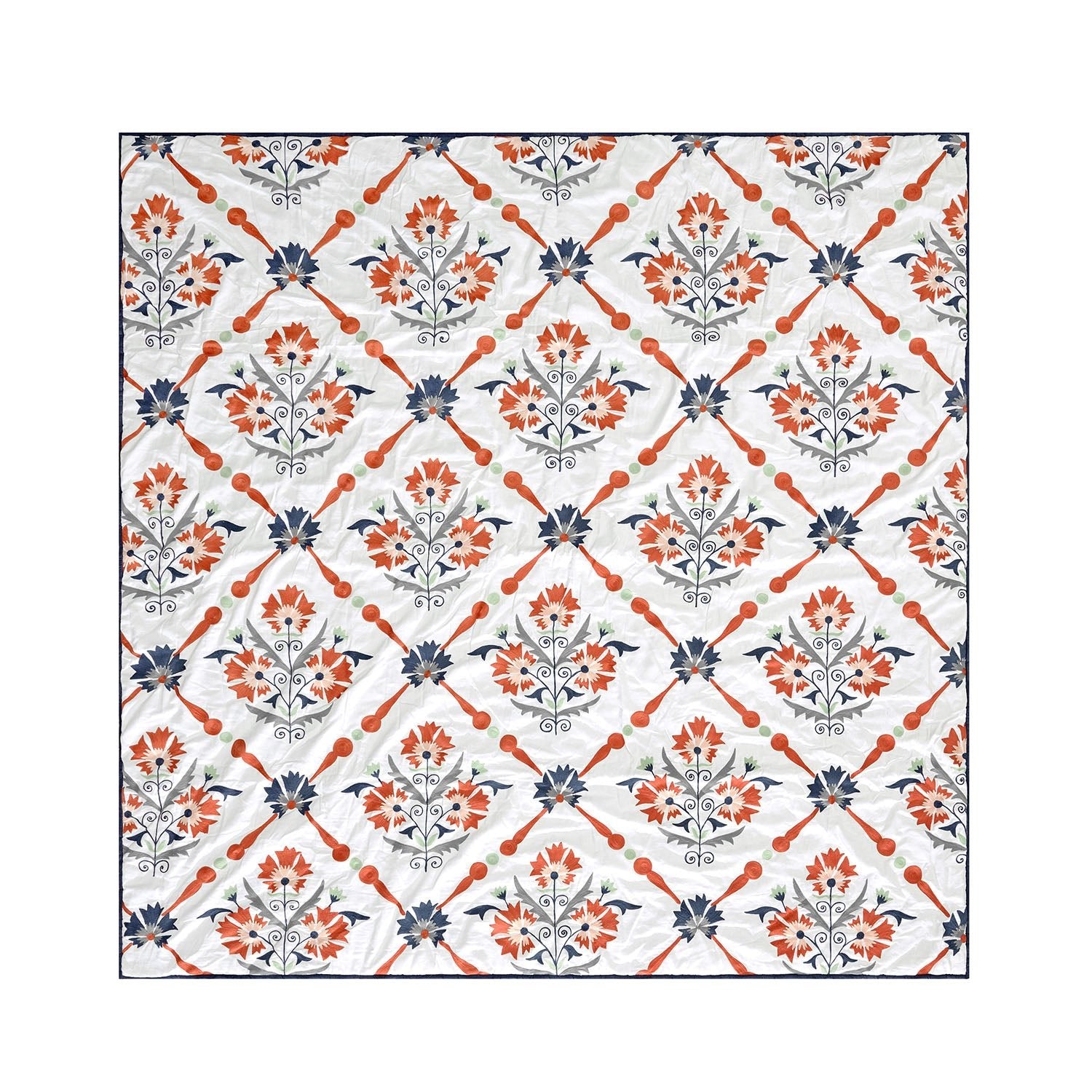 Paloma Burnt Terracotta Orange & Blue Floral Embroidered Quilted Cotton Bedspread