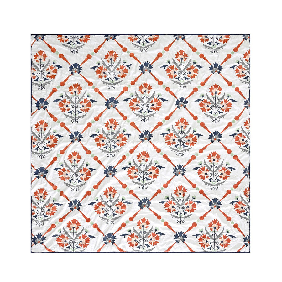 Paloma Burnt Terracotta Orange & Blue Floral Embroidered Quilted Cotton Bedspread - daals