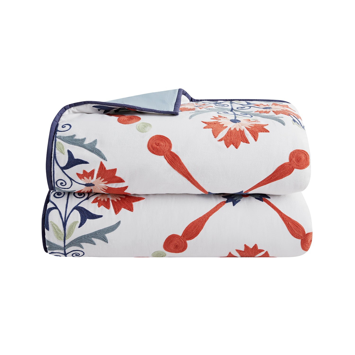 Paloma Burnt Terracotta Orange & Blue Floral Embroidered Quilted Cotton Bedspread