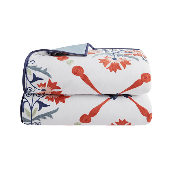 Paloma Burnt Terracotta Orange & Blue Floral Embroidered Quilted Cotton Bedspread