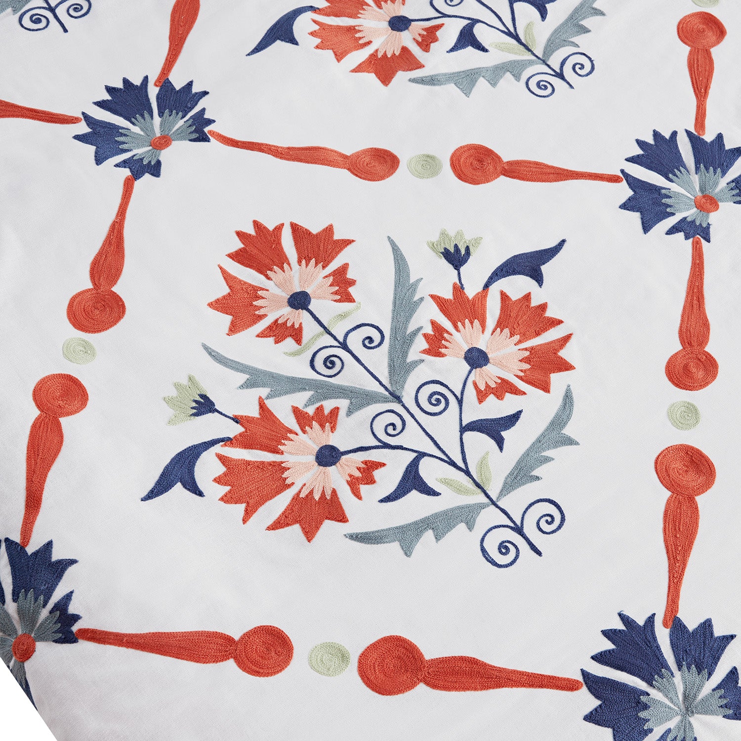 Paloma Burnt Terracotta Orange & Blue Floral Embroidered Quilted Cotton Bedspread