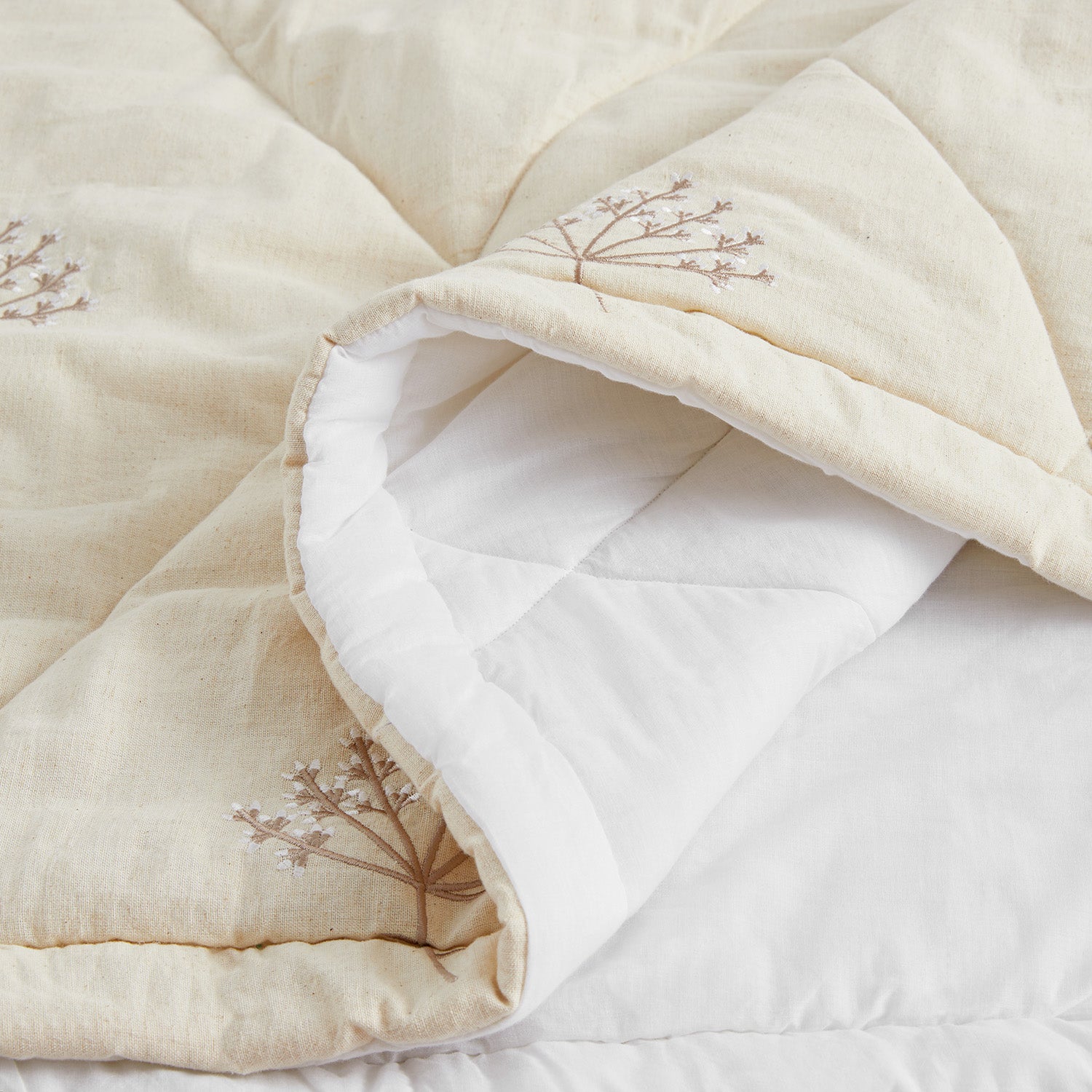 Meadow Cream Sprig Embroidered Quilted Linen Blend Bedspread