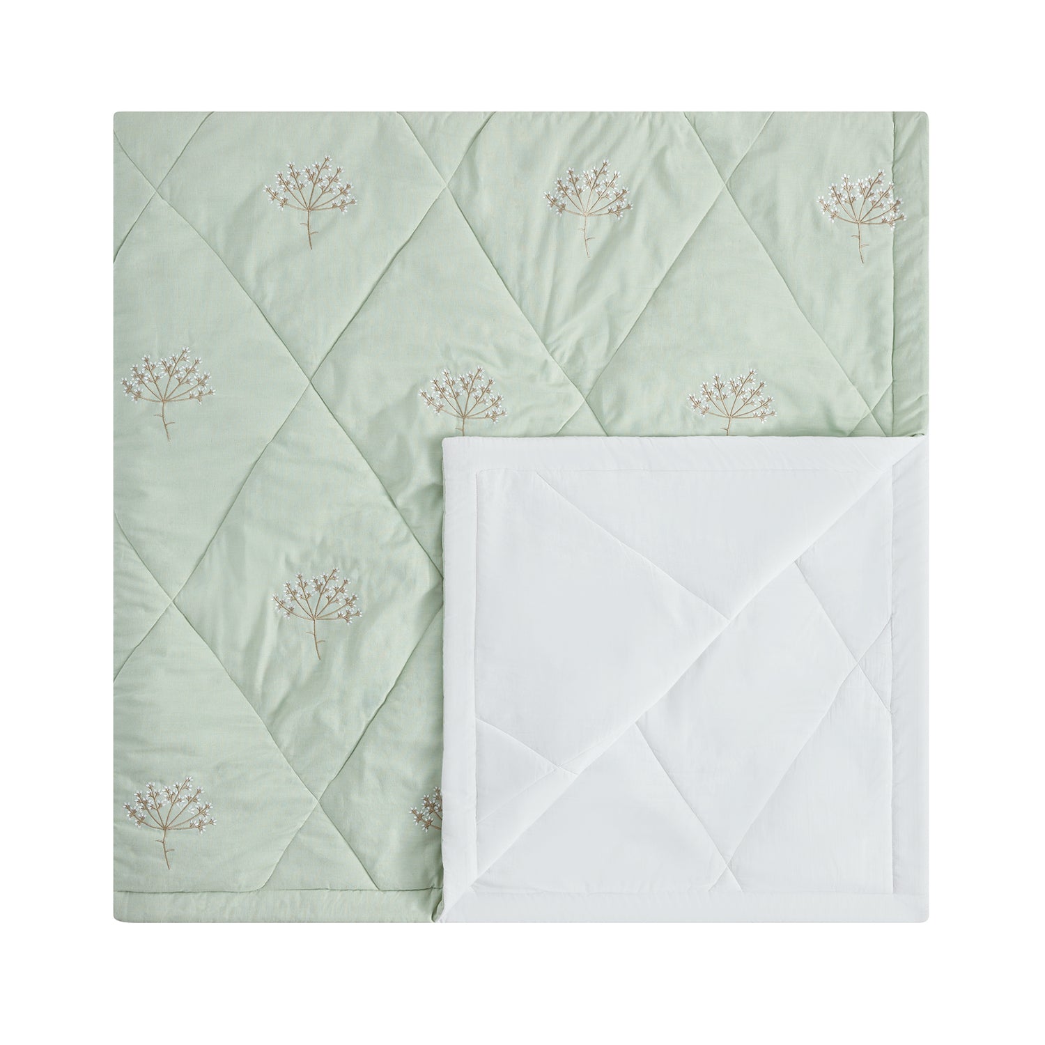 Meadow Seafoam Green Sprig Embroidered Quilted Linen Blend Bedspread