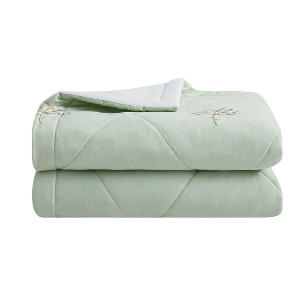 Meadow Seafoam Green Sprig Embroidered Quilted Linen Blend Bedspread