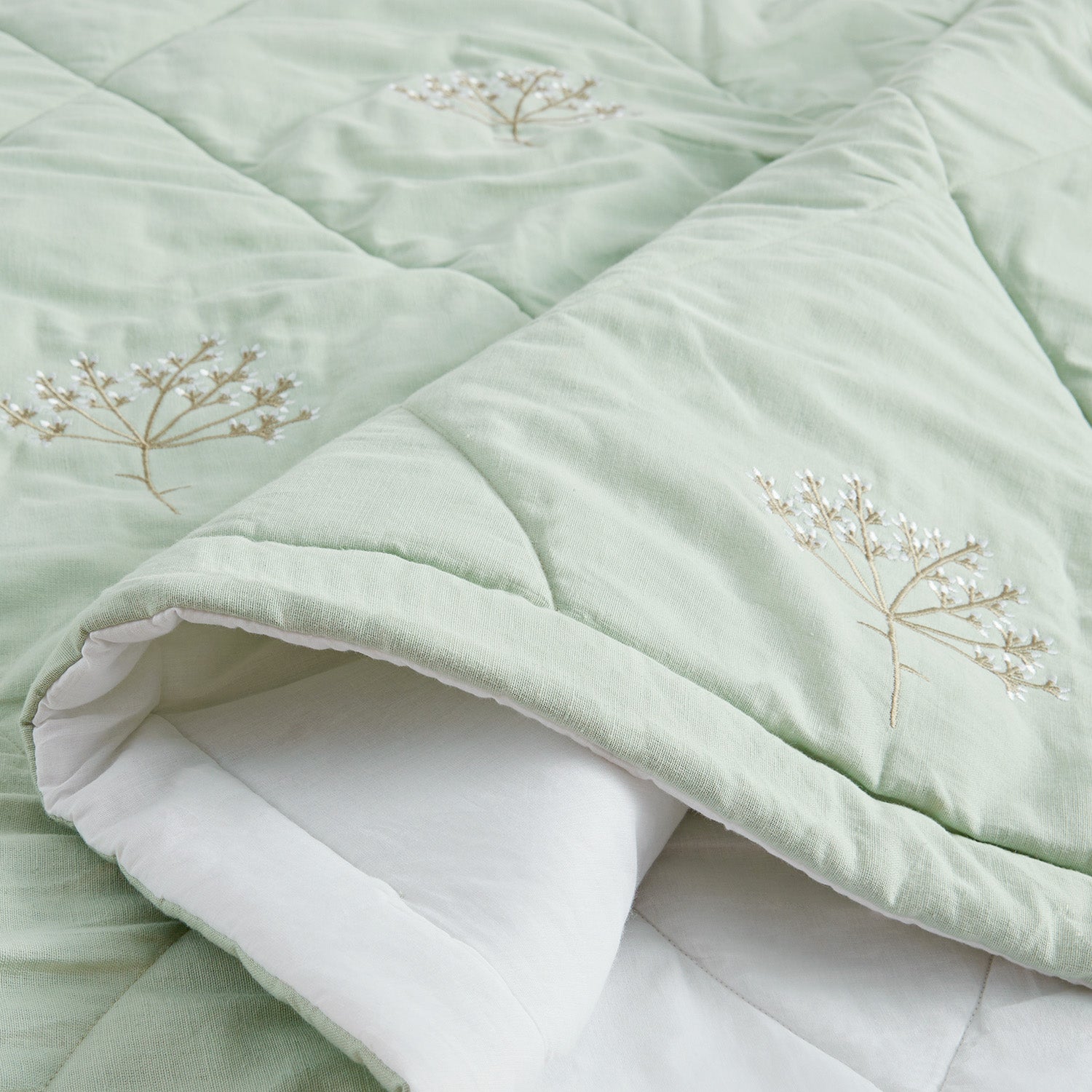 Meadow Seafoam Green Sprig Embroidered Quilted Linen Blend Bedspread