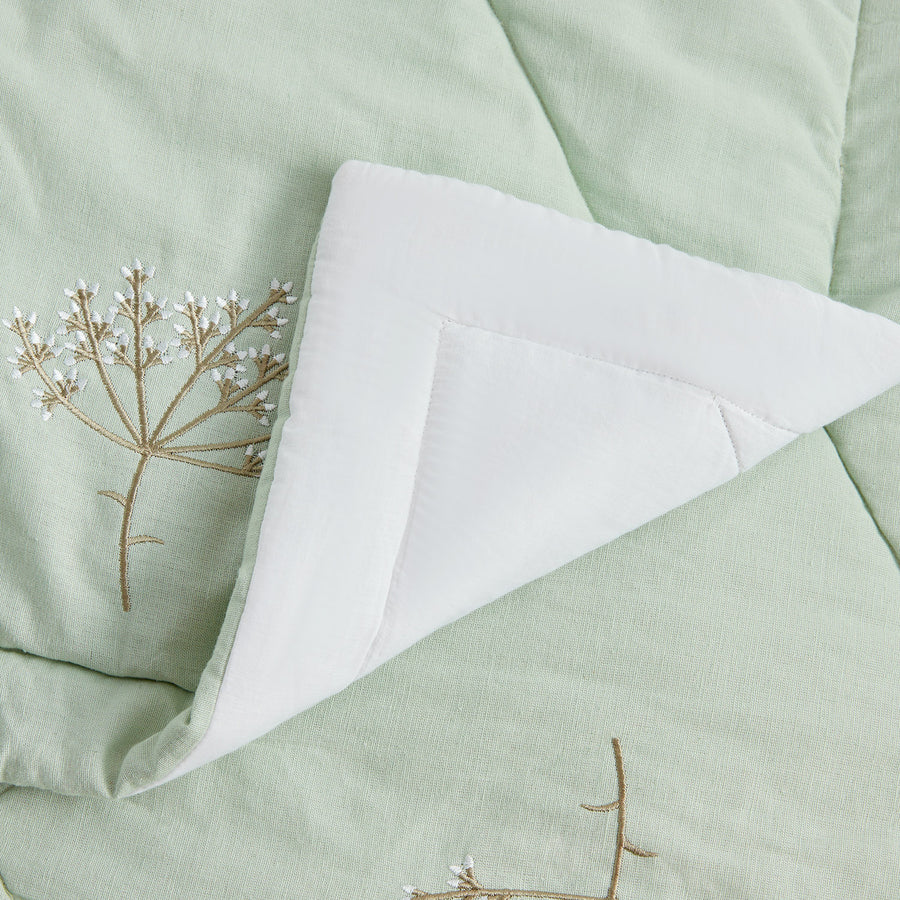 Meadow Seafoam Green Sprig Embroidered Quilted Linen Blend Bedspread