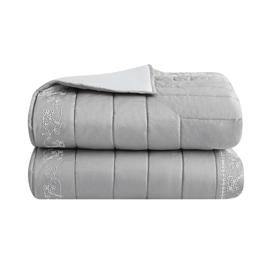 Valentina Grey Floral Embroidered Quilted 600 Thread Count Cotton Sateen Bedspread