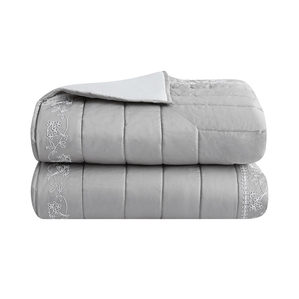 Valentina Grey Floral Embroidered Quilted 600 Thread Count Cotton Sateen Bedspread