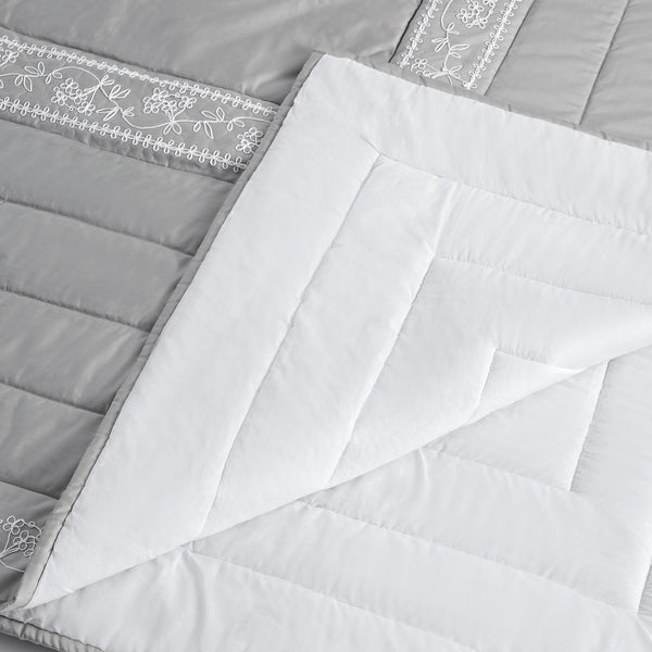 Valentina Grey Floral Embroidered Quilted 600 Thread Count Cotton Sateen Bedspread