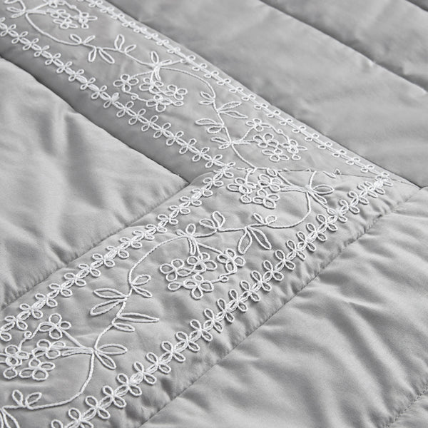 Valentina Grey Floral Embroidered Quilted 600 Thread Count Cotton Sateen Bedspread