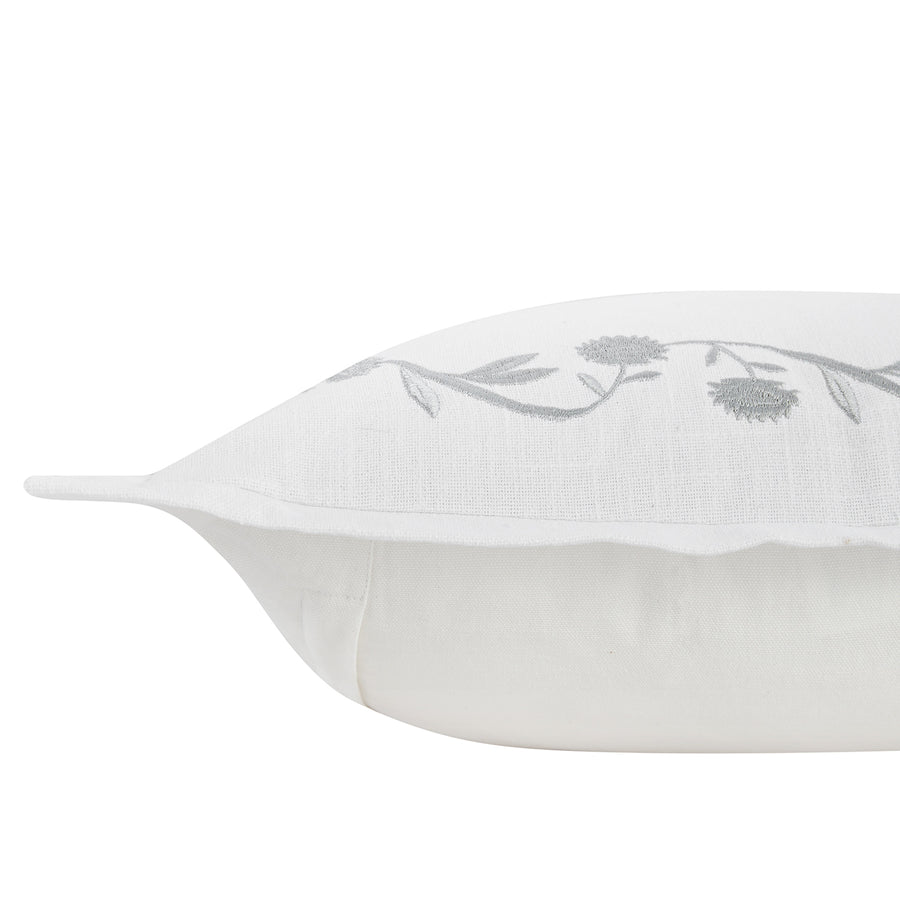 Adeline Moonshine Grey Floral Embroidered Cotton Cushion
