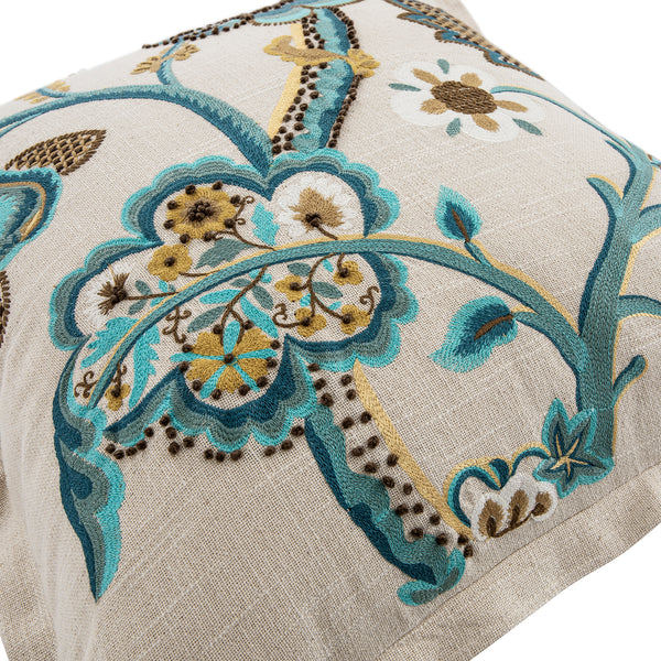Flora & Fauna Hand Embroidered Azure Bloom Cushion