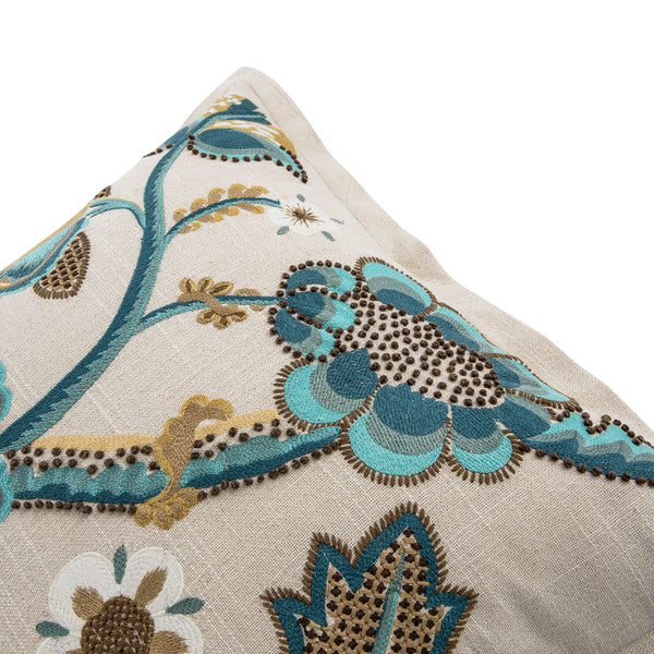Flora & Fauna Hand Embroidered Azure Bloom Cushion