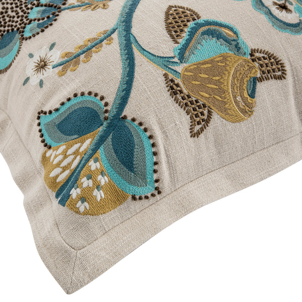 Flora & Fauna Hand Embroidered Azure Bloom Cushion