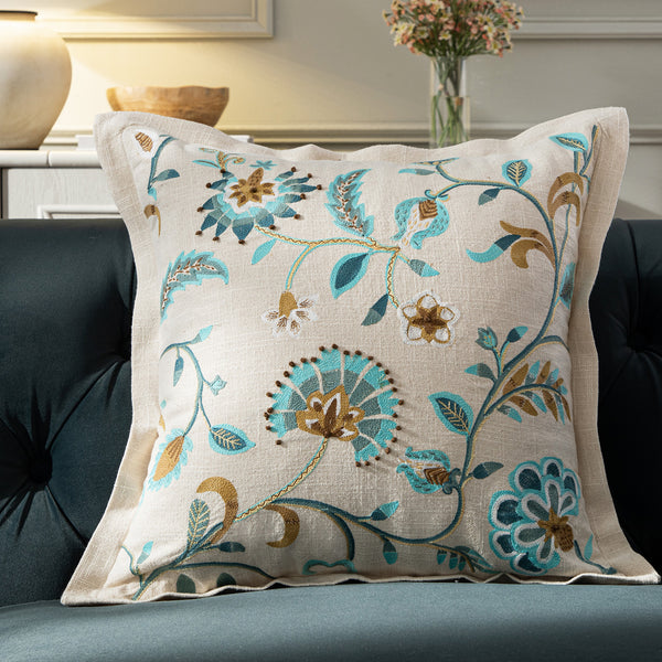 Flora & Fauna Hand Embroidered Azure Fantasy Cushion