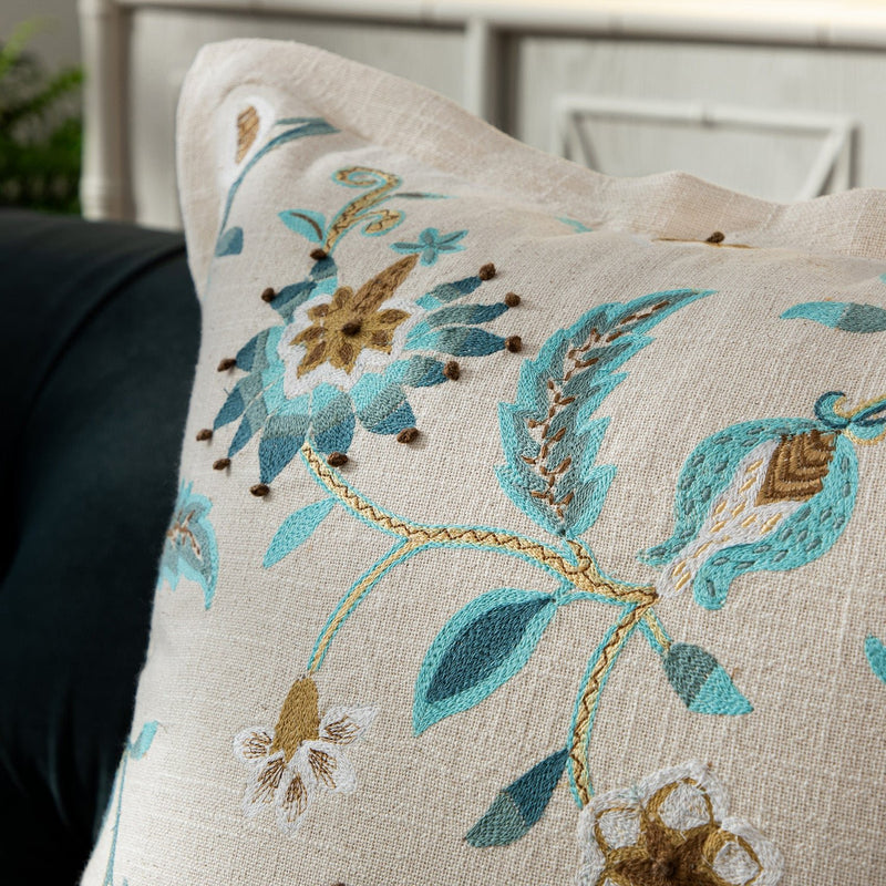 Flora & Fauna Hand Embroidered Azure Fantasy Cushion