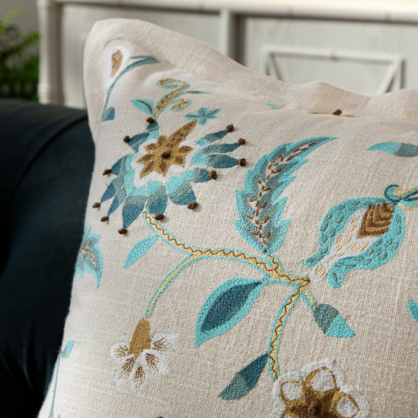 Flora & Fauna Hand Embroidered Azure Fantasy Cushion
