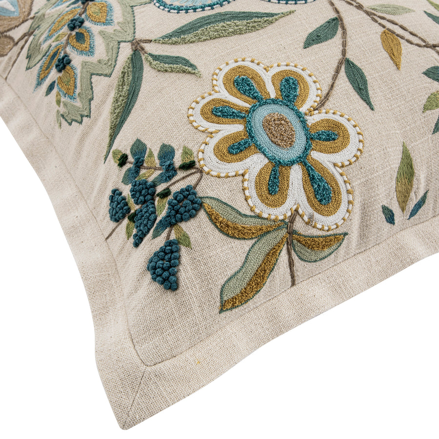 Flora & Fauna Hand Embroidered Azure Wonder Cushion