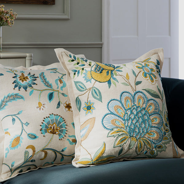 Flora & Fauna Hand Embroidered Azure Wonder Cushion