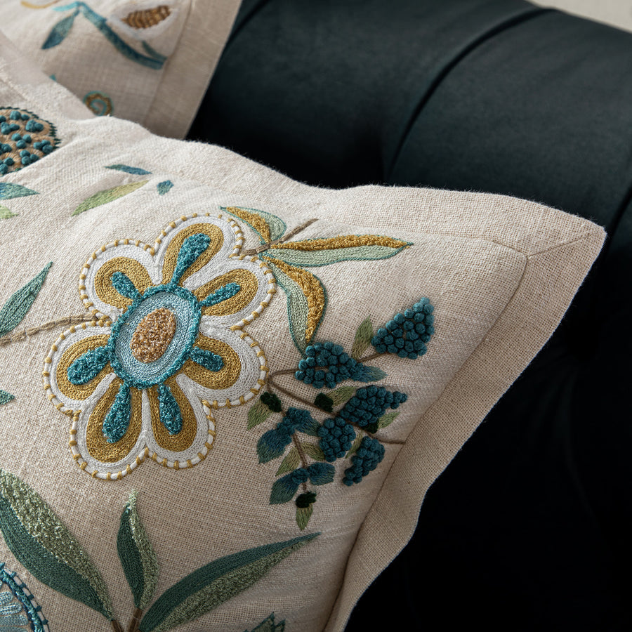 Flora & Fauna Hand Embroidered Azure Wonder Cushion