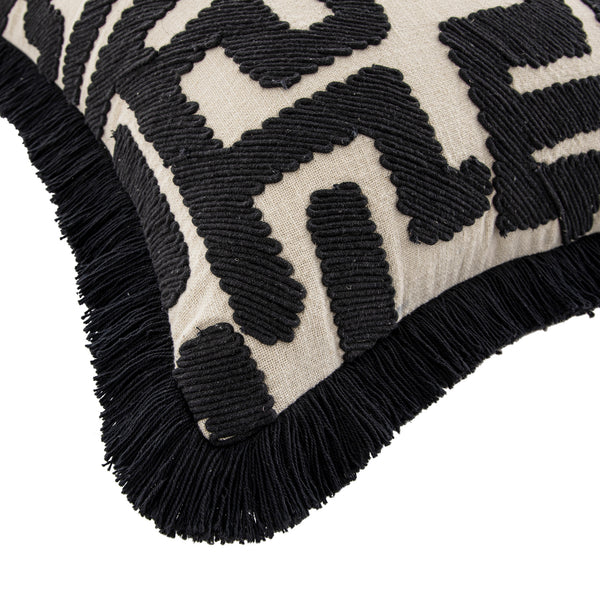 Baja Abstract Monochrome Black Fringe Cushion