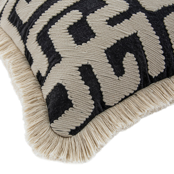 Baja Abstract Monochrome Cream Fringe Cushion