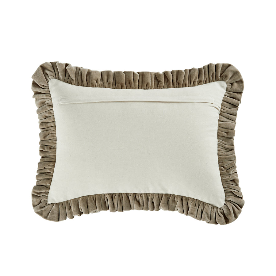 Block & Bloom Chameli Taupe Cotton & Velvet Ruffle Rectangular Cushion