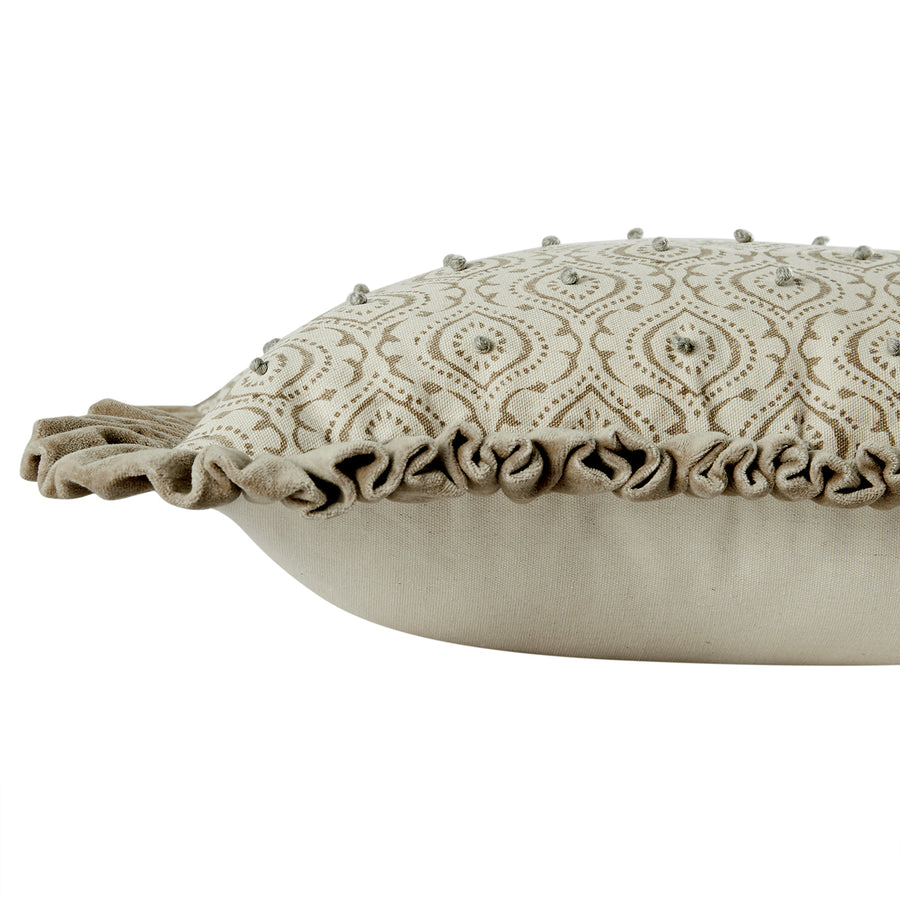 Block & Bloom Chameli Taupe Cotton & Velvet Ruffle Rectangular Cushion
