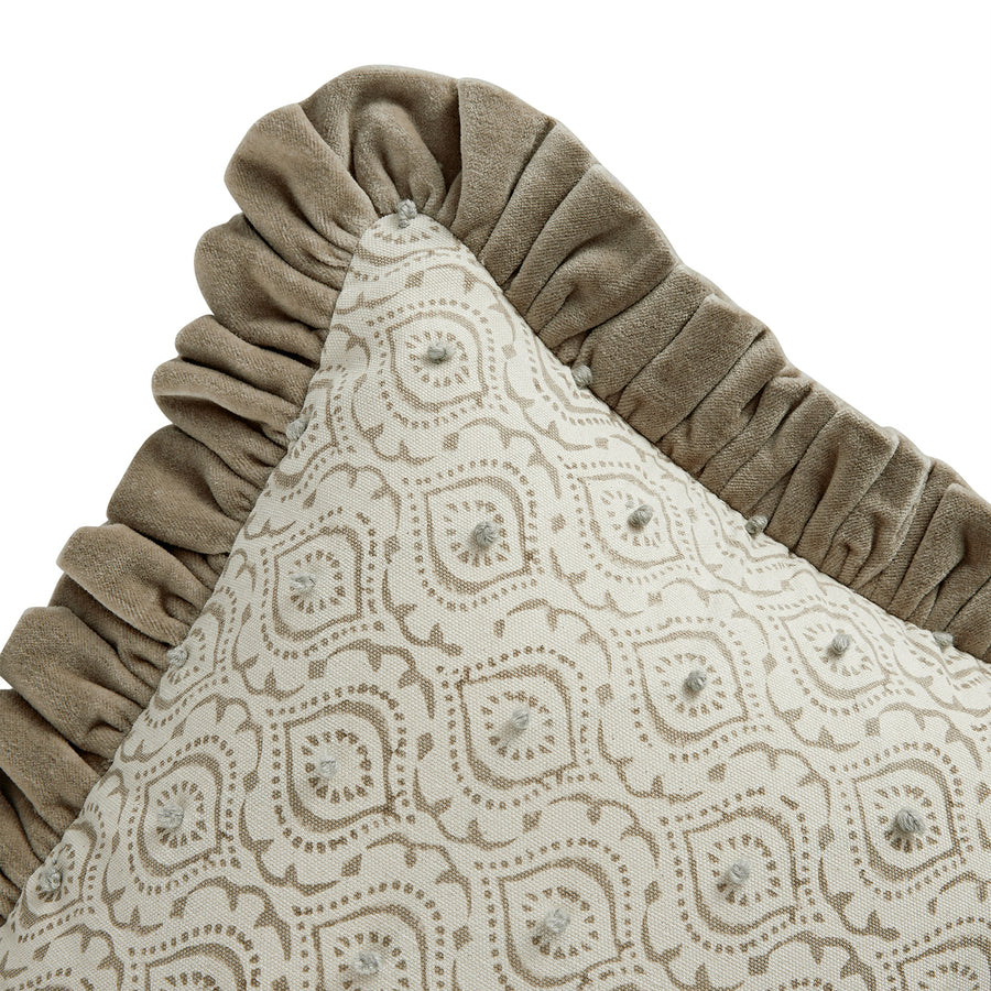 Block & Bloom Chameli Taupe Cotton & Velvet Ruffle Rectangular Cushion