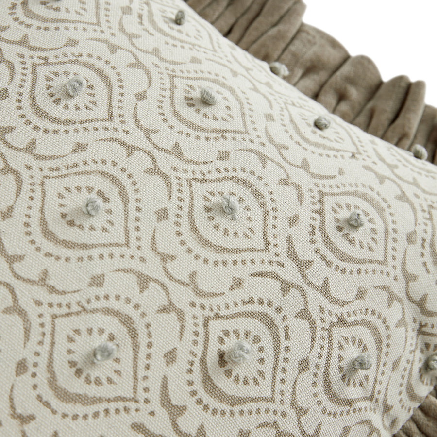 Block & Bloom Chameli Taupe Cotton & Velvet Ruffle Rectangular Cushion