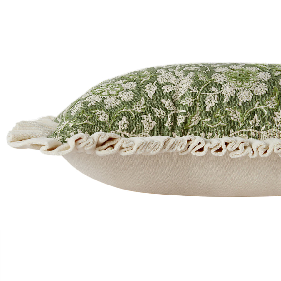 Block & Bloom Harsingar Green Cotton & Velvet Ruffle Rectangular Cushion