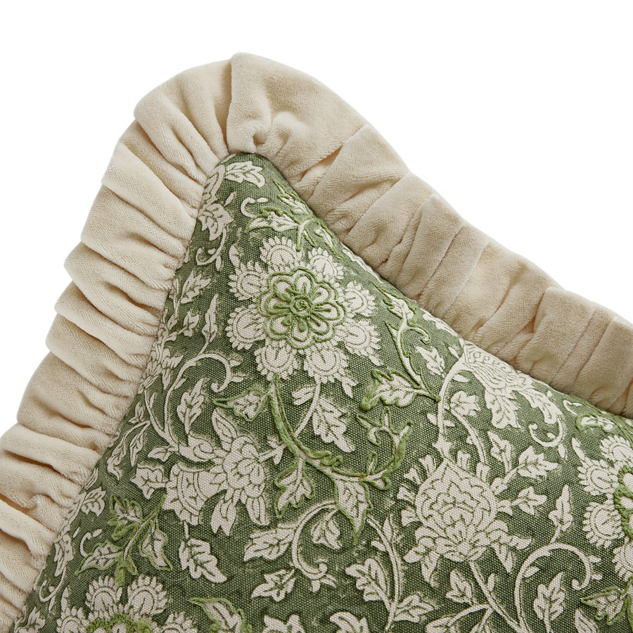Block & Bloom Harsingar Green Cotton & Velvet Ruffle Rectangular Cushion