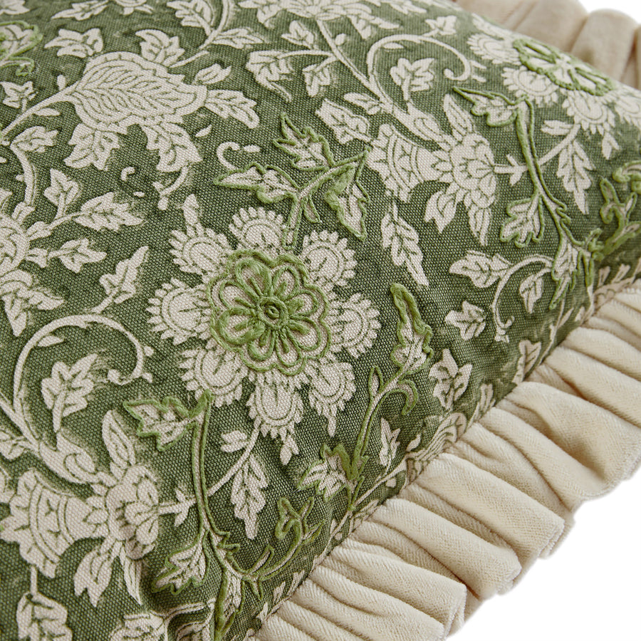 Block & Bloom Harsingar Green Cotton & Velvet Ruffle Rectangular Cushion