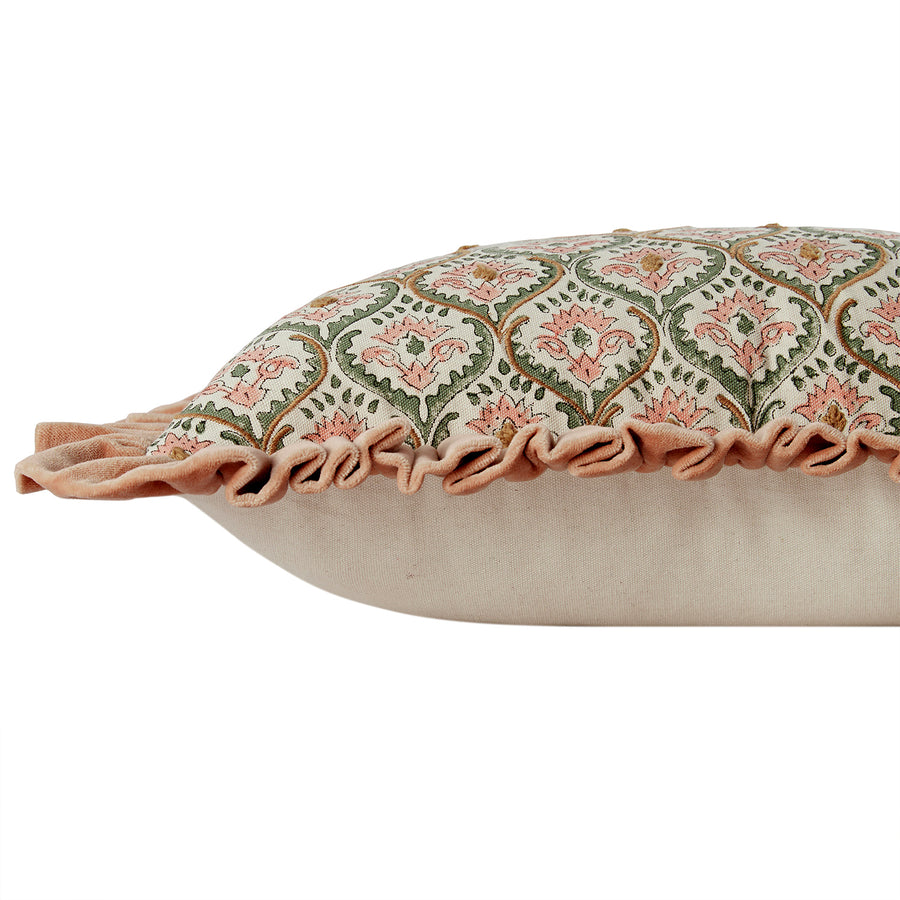 Block & Bloom Kachnar Peachy Pink Cotton & Velvet Ruffle Rectangular Cushion