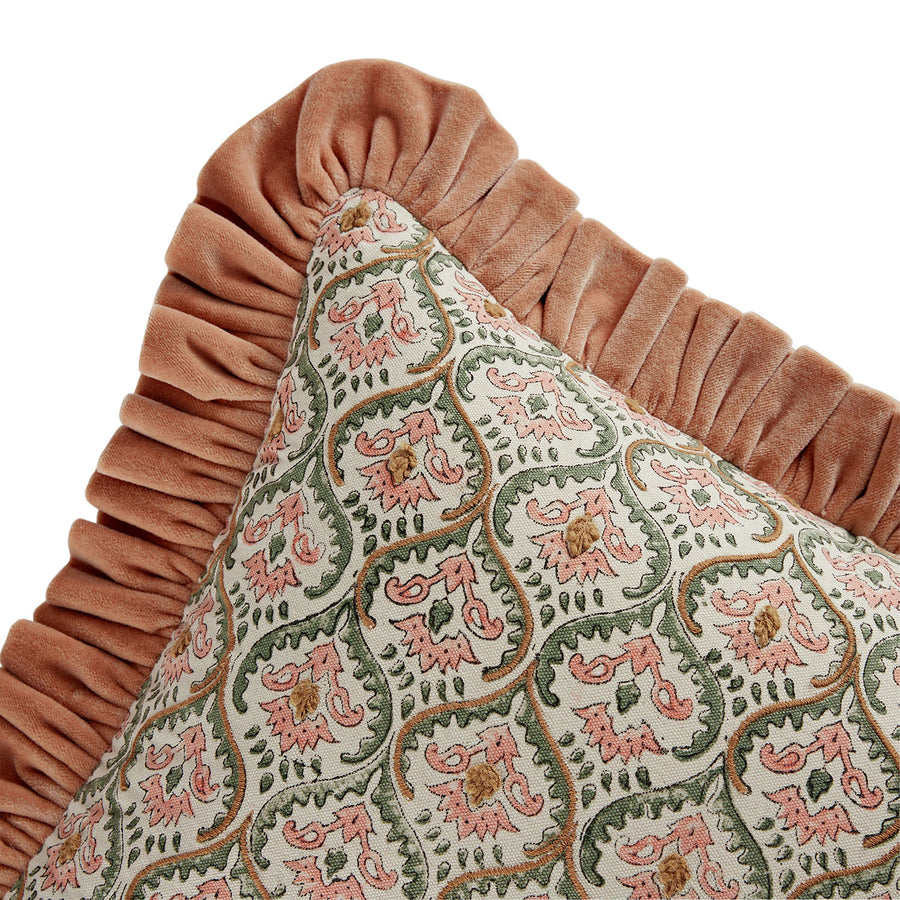 Block & Bloom Kachnar Peachy Pink Cotton & Velvet Ruffle Rectangular Cushion