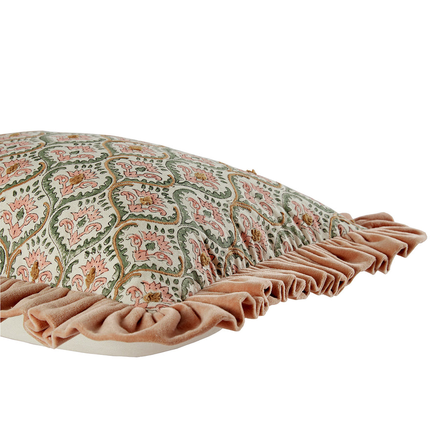 Block & Bloom Kachnar Peachy Pink Cotton & Velvet Ruffle Rectangular Cushion