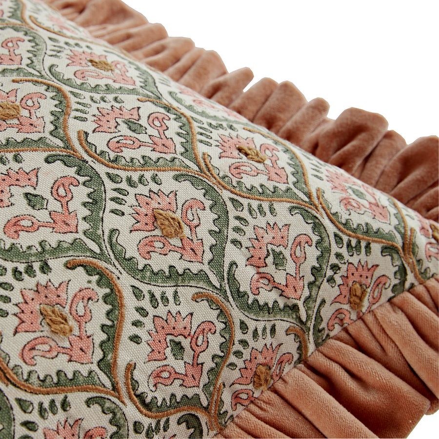 Block & Bloom Kachnar Peachy Pink Cotton & Velvet Ruffle Rectangular Cushion